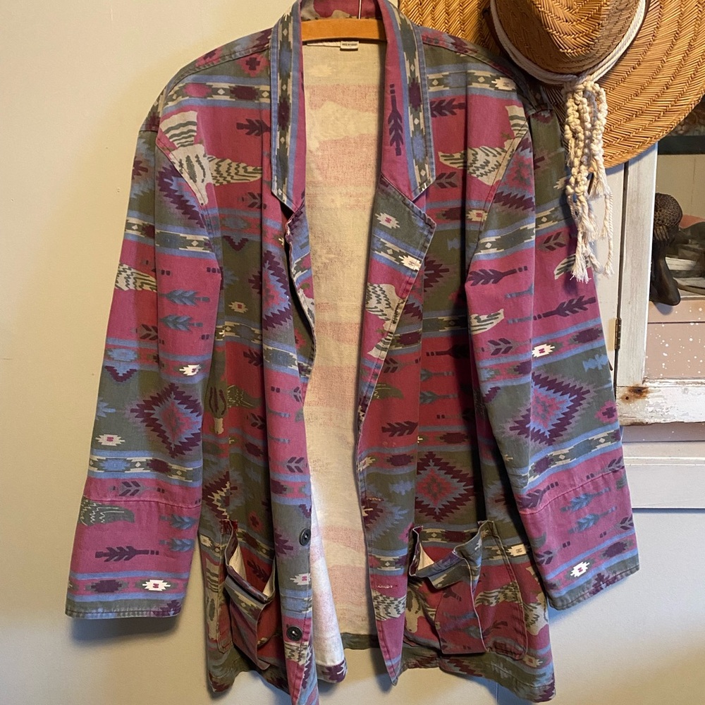 Vintage 80s 90s Southwestern Pattern Open Front Jacket pink m l